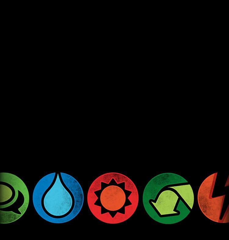 Earth, water, sun, recycle, and energy icons on a black background